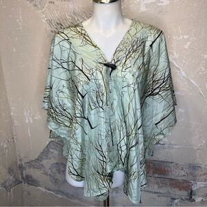 Kimchi & Blue M 100% silk cape top light mint blue green all over print branches